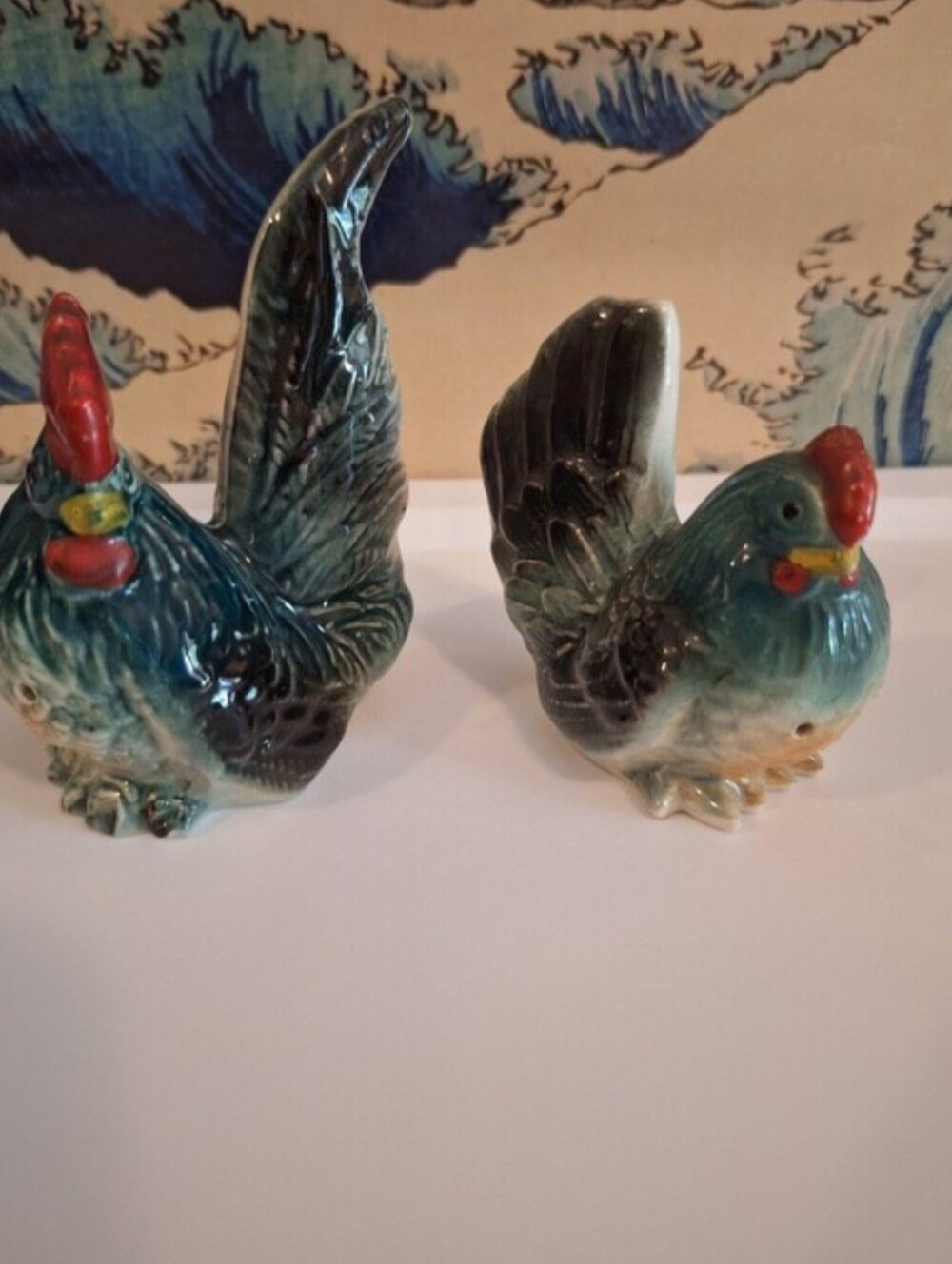 Source Unknown Blue and Red Ceramic Rooster Salt & Pepper Shakers